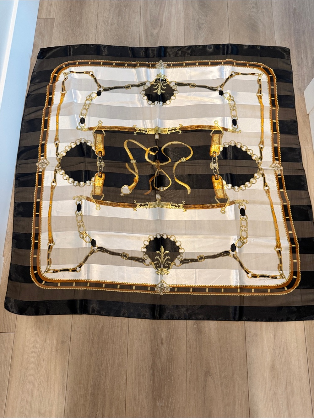 Chain & Rope Print Square Scarf in Black, White & Gold